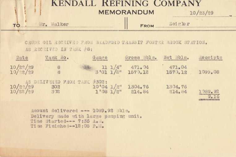 Kendall 1929 - Oil Received from Foster Brook Station